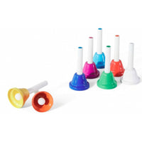 8 Pieces Bright Colors 8 Note Hand Bells Dome-Shaped Colored Hand Bells Clear Rim Tuned Handbell Set White Handle for Children