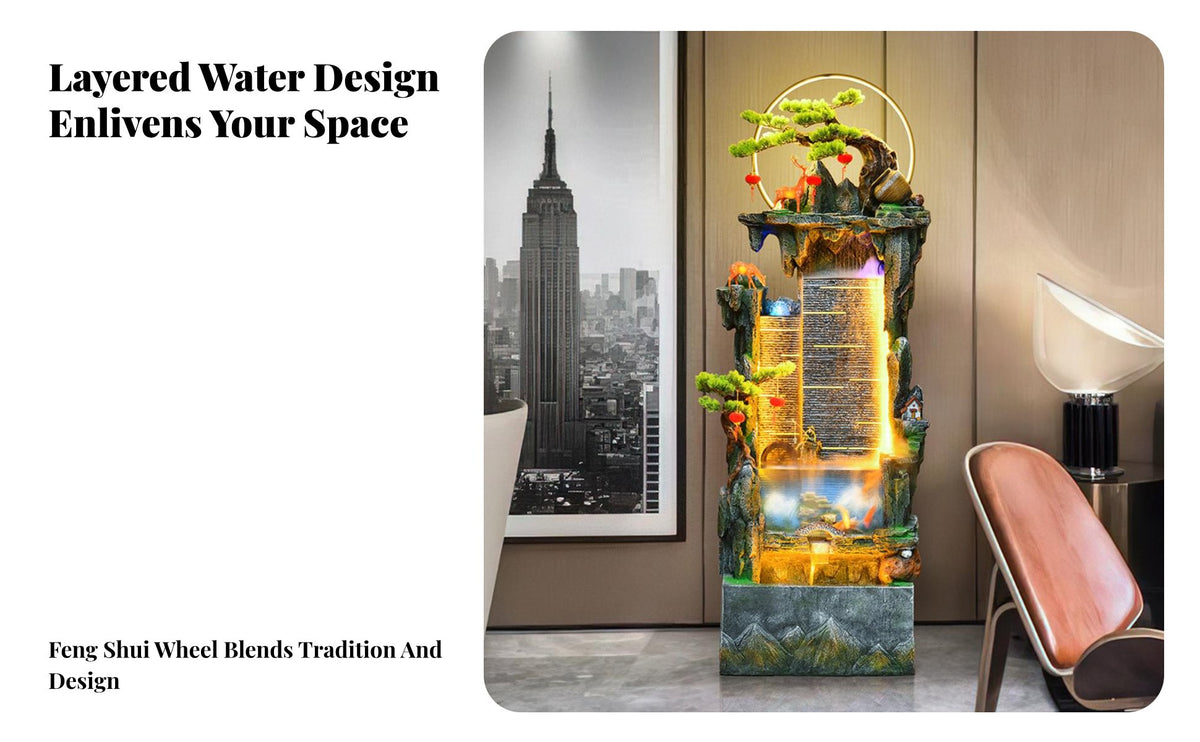 Wealth Attracting Design Rockery Water Fountain Humidifier Function Floor Standing Waterfall Fountain New Chinese Design Rockery Landscape Ornament Quiet Pump for Tea Ceremony Enthusiasts, Business Owners, Living Room, Office, Entrance Hall, Restaurant