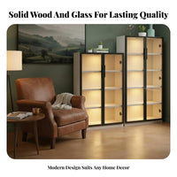 LED Display Cabinet Solid Wood Frame Glass Door Bookcase Large Capacity Lighted Display Cabinet for Decor Enthusiasts, Living Room, Study, Home Office