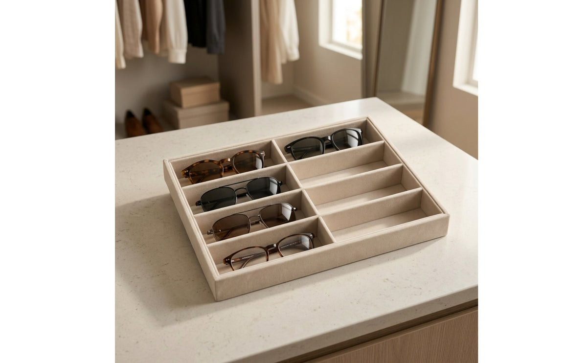 Velvet-Lined Glasses Tray with 8 Compartments Divided Eyeglasses Organizer Rectangular Eyewear Display Tray Slimline for Retailers, Dresser, Closet