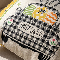 Easter Cushion Cover Faux Linen Buffalo Plaid Spring Throw Pillowcase Cartoon Bunny & Truck Pattern Seasonal Home Decoration for Sofa Bed Living Room