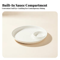 White Dumpling Plate with Sauce Dish Glossy Plate with Dipping Bowl Raised Rim 3 Compartment Snack Dish Integrated Piece