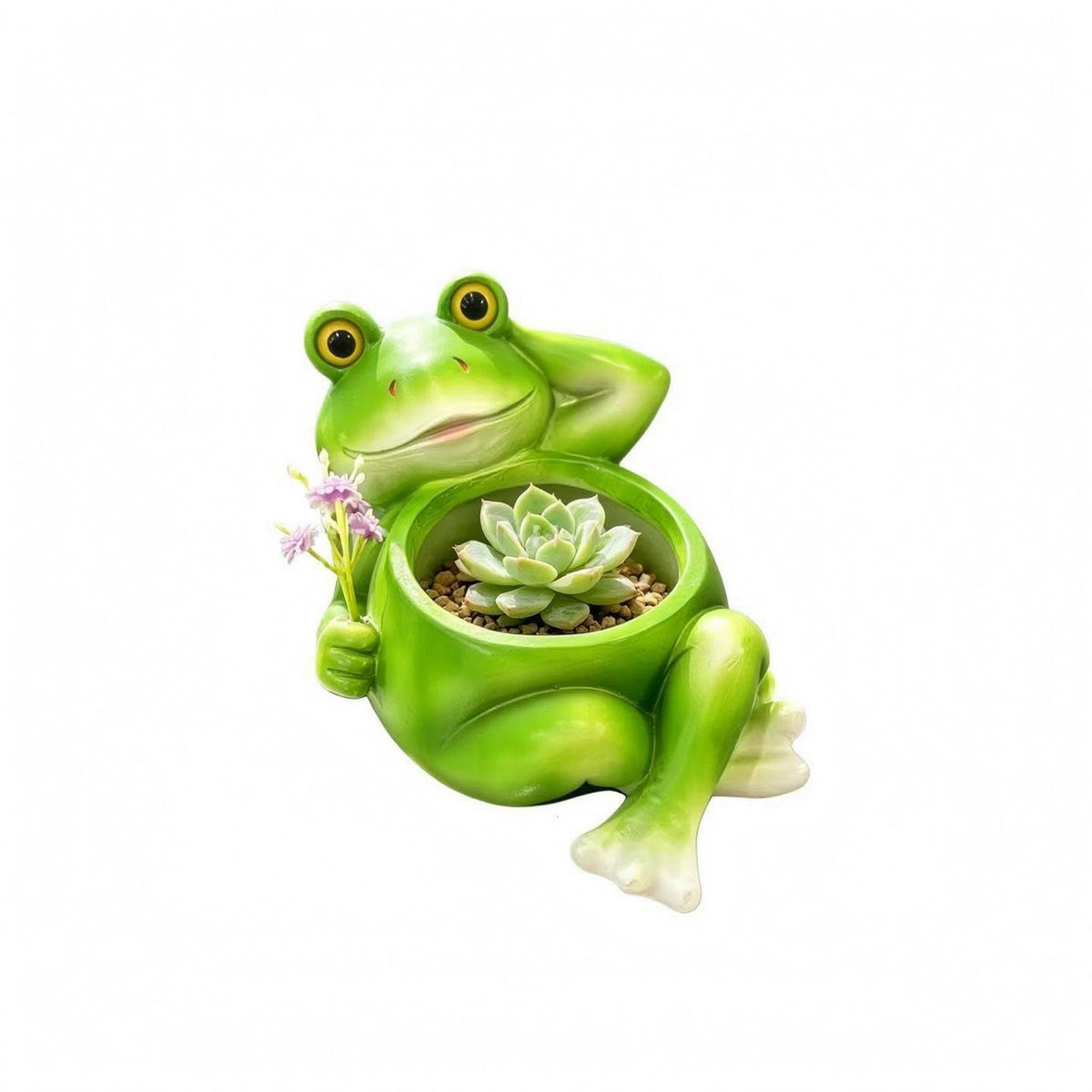 Vibrant Green Frog-Shaped Resin Planter Reclining Pose Frog Flower Pot Raised Eyes