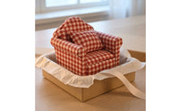 Padded Armrests 1:12 Dollhouse Sofa Wood and Textile Checkered Upholstered Sofa Cushioned Dollhouse Couch Rounded Back
