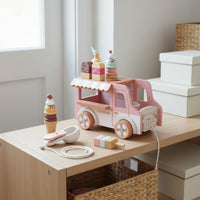 Educational Wooden Ice Cream Truck High-Quality Wood Ice Cream Playset Polished Edges Pull Along Toy Truck for Preschoolers, Playroom