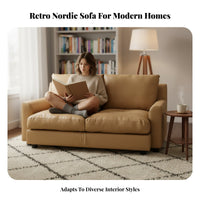 Retro aesthetic Brown Two-Seater Loveseat Down Feather Filling Living Room Furniture Nordic Design Couch Japanese Inspired for Apartment Dwellers, partners, Homeowners, Lounge Area, Bedroom, Study, Office
