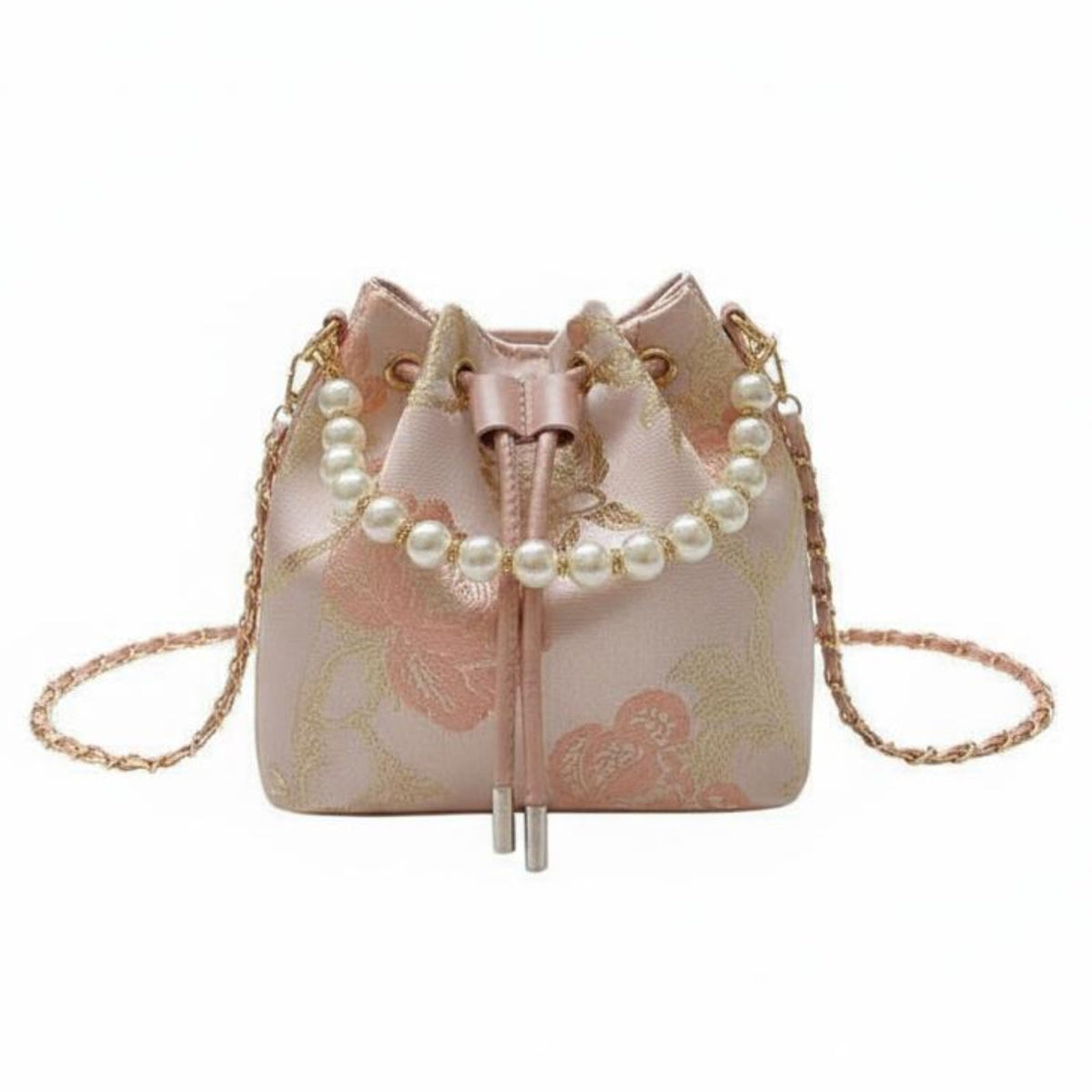 Chinese Design Crossbody Bag Versatile Wear Drawstring Bucket Bag Ideal Gift Pearl Handle Purse for Party, Wedding