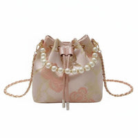 Chinese Design Crossbody Bag Versatile Wear Drawstring Bucket Bag Ideal Gift Pearl Handle Purse for Party, Wedding