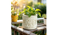Embossed Cylindrical Flower Pot Classical Pot with Raised Design Pattern Vintage Decorative Planter Sculpted for Windowsill