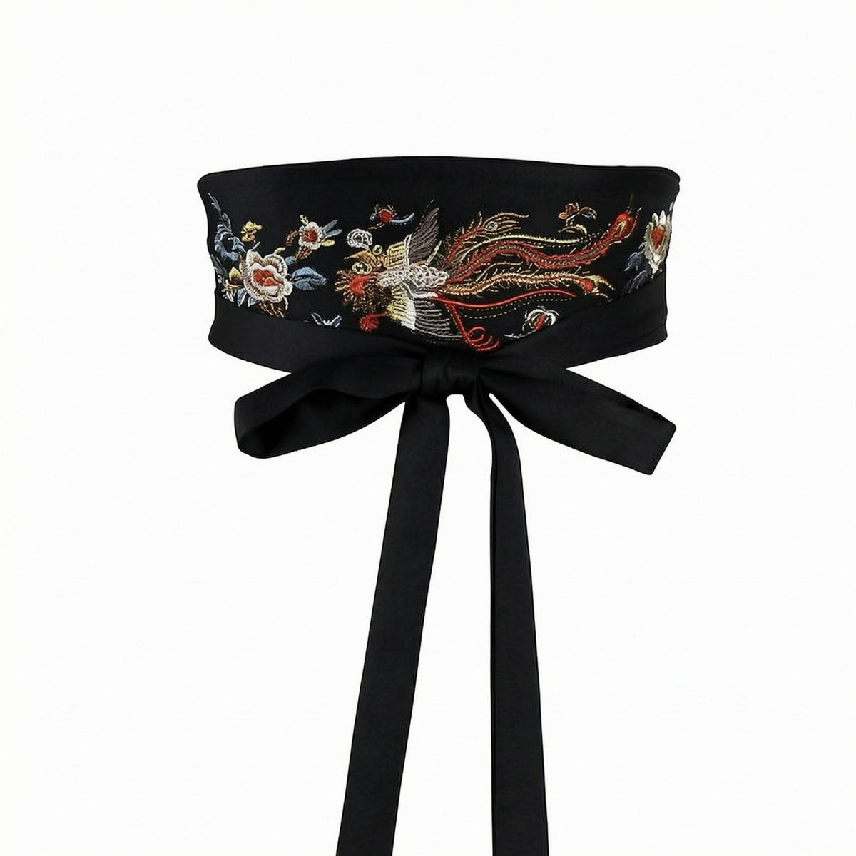 Wide Bird Embroidered Waist Belt Tie Closure Embroidered Waist Belt