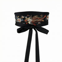 Wide Bird Embroidered Waist Belt Tie Closure Embroidered Waist Belt