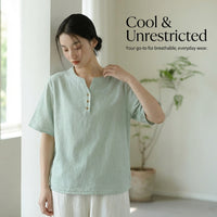 Boho Tops for Women with V Neck and Button Detail, Ramie Blend T-Shirts with 70-80% for Breathable Comfort, Vintage Short Sleeve Work