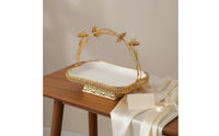 Light Luxury European Design Pedestal Fruit Dish Elegant & Modern Ornate Fruit Basket with Handle Versatile Multi-Use Gold Metal and Ceramic Serving Tray Great Gift Idea for Housewarming, Living Room, Dining Table, Party