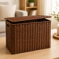 Woven Storage Baskets, Rectangular Wicker Basket with Cut-Out Handles, Tan Synthetic Rattan for Living Room & Cupboard Organiser