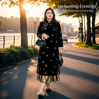 Chinese Dress Long Sleeve Velvet Cheongsam for Women Plus Size, Embroidered Floral Qipao for Formal Events and Cultural Gatherings