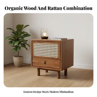 Rattan accent Nightstand Japanese rustic aesthetic artistic Wicker Front End Table for Students
