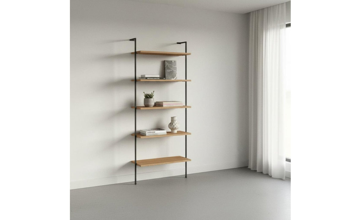 Minimalist Design Multi-Tier Storage Shelf Space Saving Wood and Metal Etagere Industrial Leaning Bookshelf for Living Room, Home Office, Bedroom