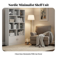 Minimalist design Multi-Compartment Floor Shelf with Doors Includes Door Compartments Multi-Tier Cabinet with Doors complimentarystanding shelf unit for Apartment Dwellers, Homeowners, Office Workers, Study Room, Bedroom, Entrypath