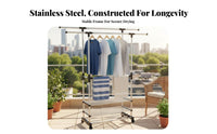Rolling Double-Bar Clothes Rack Extensible Rod Drying Stand Easy to Assemble