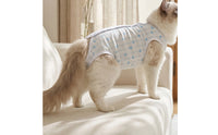 Fitted Female Feline Recovery Suit Blue Post-Surgery Feline Suit Heart Print White Trim