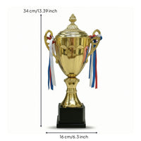 Trophy with Lid Gold-Colored Trophy with Ribbons Award Cup Polished Lidded for Winners, Ceremonies, Contests