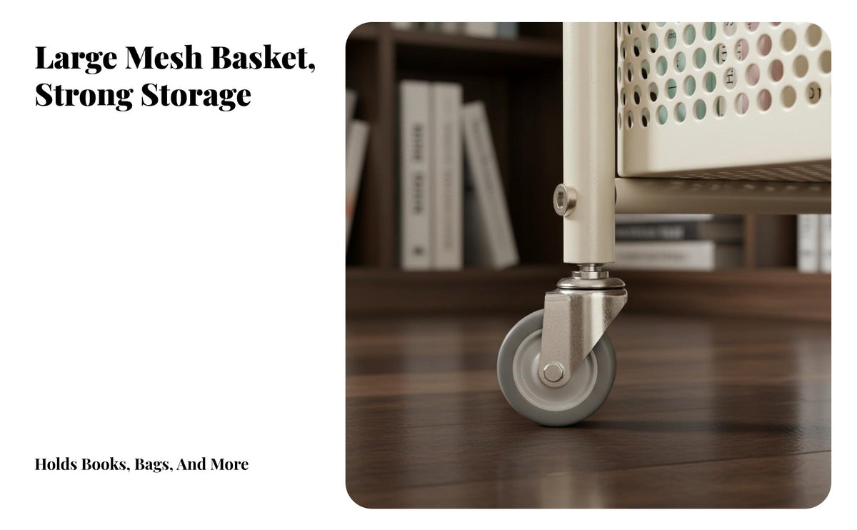 Space Saving School Bag Storage Rack Steel Construction Under Desk Storage Trolley 360° Rotating Wheels Movable Book Cart Built-in Handle for Students, Kids, Study Room, Office, Bedroom