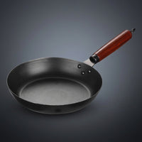 Frying Pan for Stir Fry and Searing Steak Pan, Heavy Duty Refined Iron with Hammered Texture, Induction Hob Compatible Wood Handle, 1 Pack