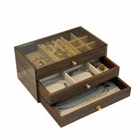 Large Capacity Walnut Wood Grain Jewelry Case Dust-Proof 3-Drawer Jewelry Chest Removable Dividers Multi-Compartment Storage Case Soft Velvet Lining for Women, Bedroom, Vanity, Dresser