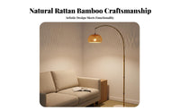 Japanese Design Bamboo Fishing Lamp Nordic Design Rattan Shade Floor Lamp Height Adjustable Foot Switch for Interior Designers, Homeowners, Renters, Bedroom, Living Room, Reading Nook, Hotel Lobby