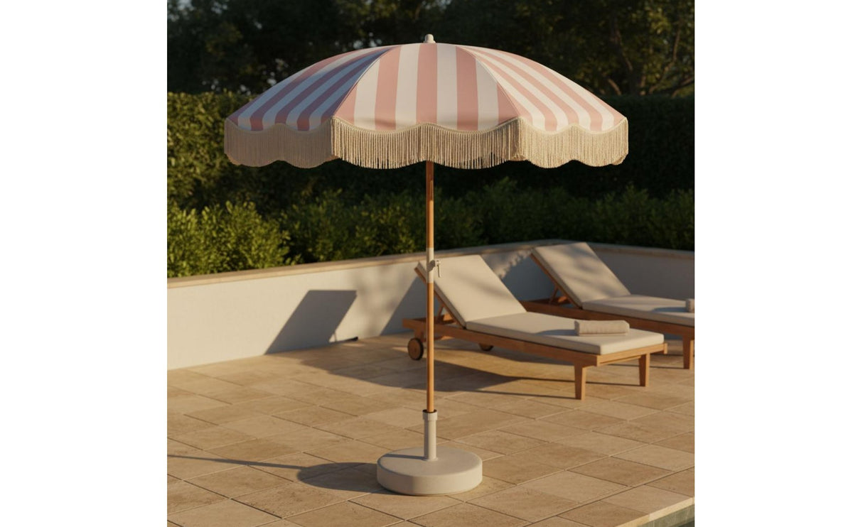 Waterproof Fringe Patio Umbrella Water Resistant Center Pole Fringe Umbrella 50+ Protection Wooden Pole Sunshade Portable Design for Poolside