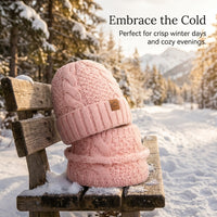 Women Beanie Hats for Winter Outdoor Warmth with Ear Protection, Knit Scarf Set in Acrylic for Cold Weather, Foldable 2-Piece Combo
