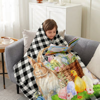 Easter Fleece Throw Blanket Soft Flannel Buffalo Check Bunny Bed Throw Watercolour Animal Print Spring Sofa Cover for Living Room Bedroom Kids Gift