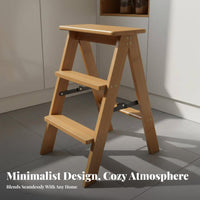 Foldable 3 Step Folding Ladder Space-Saving Bamboo Step Stool Multi-Functional Convertible Ladder Chair Sturdy and Stable for Homeowners, Adults, Seniors, Kitchen, Living Room, Office, Study