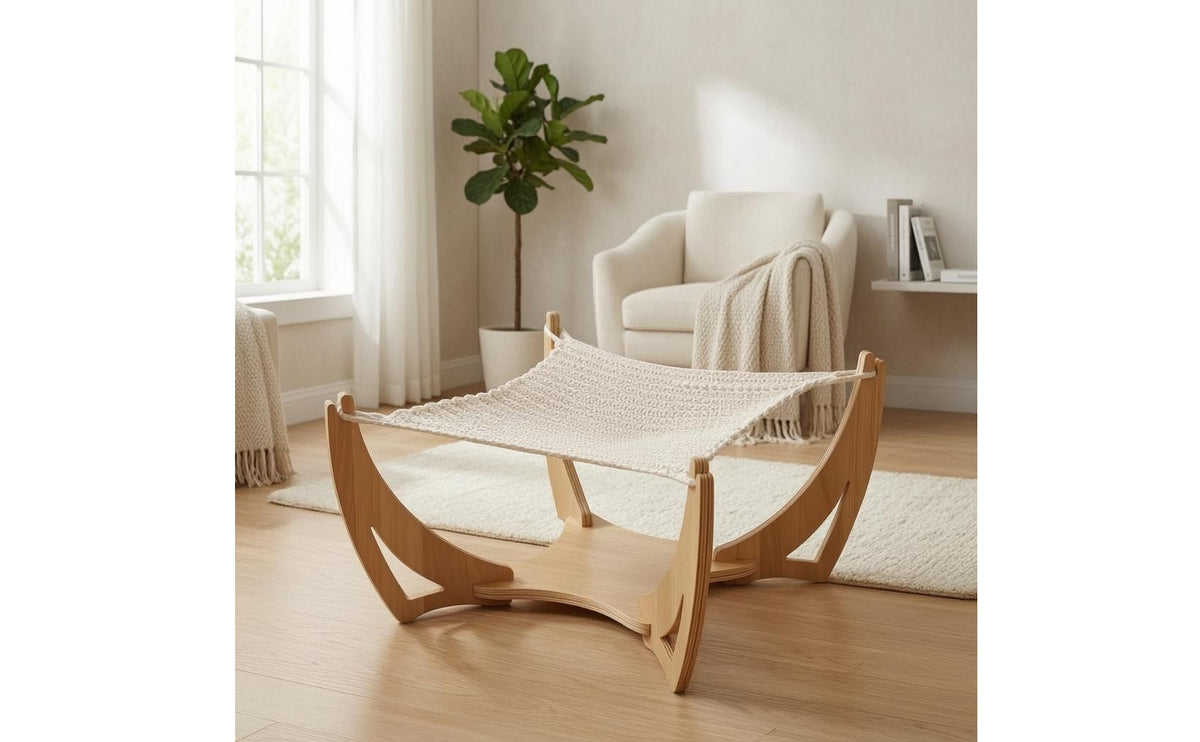 Woven Cat Hammock Bed Open Design Wooden Cat Hammock Wood Frame Animal Furniture