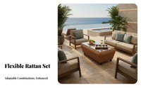 4 Pieces Pastoral aesthetic 4-Piece Rattan Seating Group Handmade 4-Piece Wicker Seating Set Comfortable paddings Indoor Furniture Glass Top Table for Restaurant Managers, Interior Designers, Living Room, Reception Area, Sunroom, Covered Patio