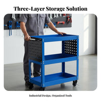 360° Swivel Casters 3-Tier Tool Cart Strong Load-Bearing 3-Tier Rolling Tool Cart Mobile Storage for Warehouse Workers, Technicians, DIY Enthusiasts, Auto Repair Shop, Workshop, Garage