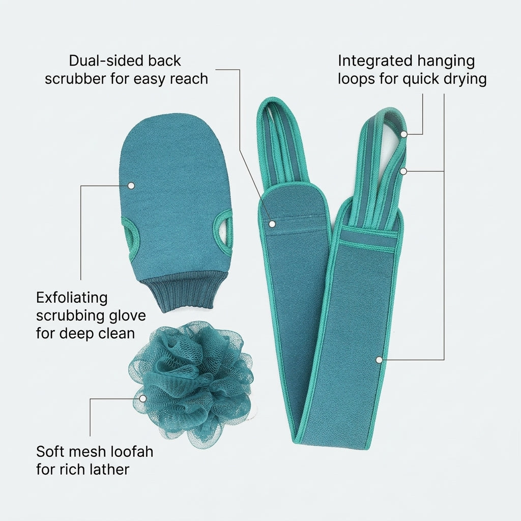 Exfoliating Towel with Strap and Loofah Glove Set for Shower, two-Sided Textured Surface Body Scrubber for Adults (3 Pieces)