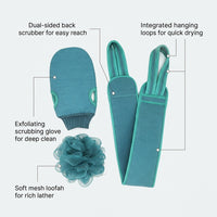 Exfoliating Towel with Strap and Loofah Glove Set for Shower, two-Sided Textured Surface Body Scrubber for Adults (3 Pieces)