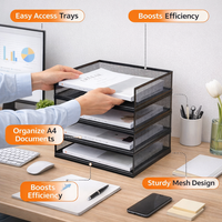 4-Tier Metal Mesh File Organizer, Desktop Document Holder for Office Workers, A4 Horizontal Black Storage Rack for Workstation