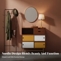 Wooden Sideboard with Sliding Doors Solid Wood Color Block Storage Cabinet Space Saving Mid-Period Modern Sideboard for Living Room, Hallway, Kitchen