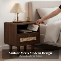 Retro Aesthetic Nightstand with Rattan Drawer Minimalist Design Rattan Front End Table Ample Storage Household Furniture Raised Legs for Homeowners, Renters, Students, Bedroom, Small Areas, Guest Room, Apartment