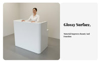 Curved White Reception Desk High-Gloss Finish Small Minimalist Front Desk Compact Footprint White Varnished Surface Cashier Stand for Shopkeepers