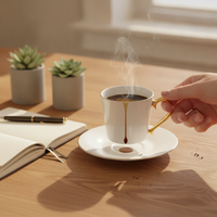 Bone China Coffee Cup and Saucer Set with Gold Rim, Customizable Logo, Ceramic Teacup for Cafe