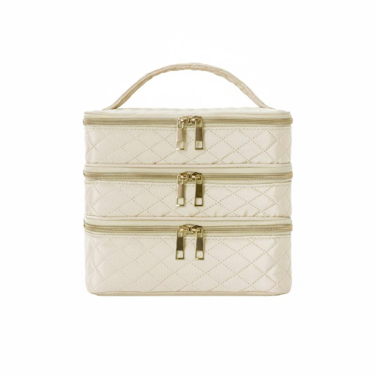 Double Zipper 3-Layer Makeup Case Multi-Purpose Portable Makeup Train Case Quilted Cosmetic Organizer for Women, Business Trip, Home