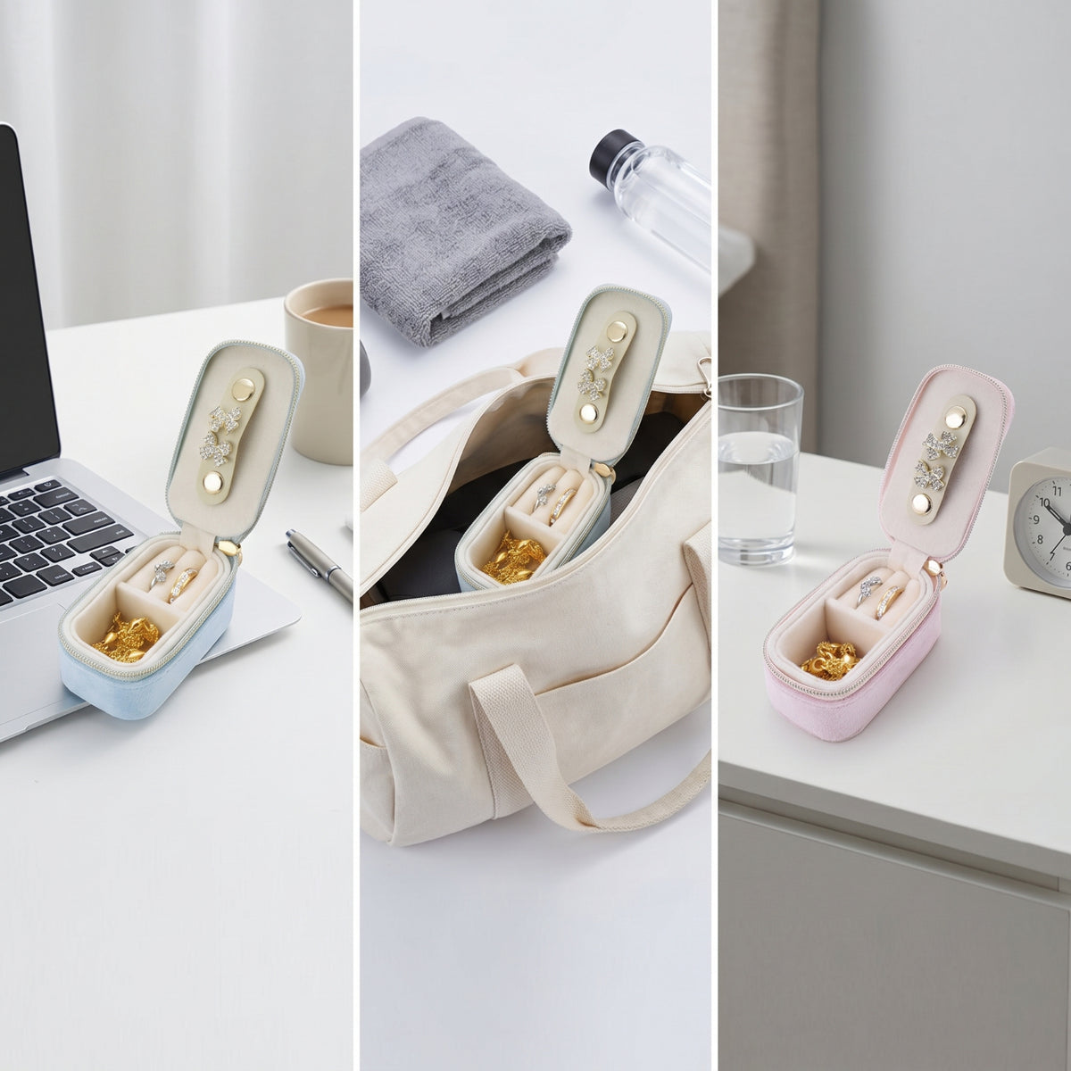 Portable Travel Jewelry Case with Keychain Compact Mini Jewelry Box with Zipper Velvet Band Holder Lightweight for Travelers, Daily Commute, Gym