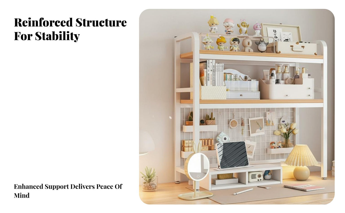 Space Saving Multi-Tier Desk Shelf Sturdy & Long-Lasting Multi-Tier Desk Hutch Stable Load-Bearing Desktop Hutch Organizer Large Capacity for Students, Dorm Residents, Telecommuting Workers, Study Room, Bedroom