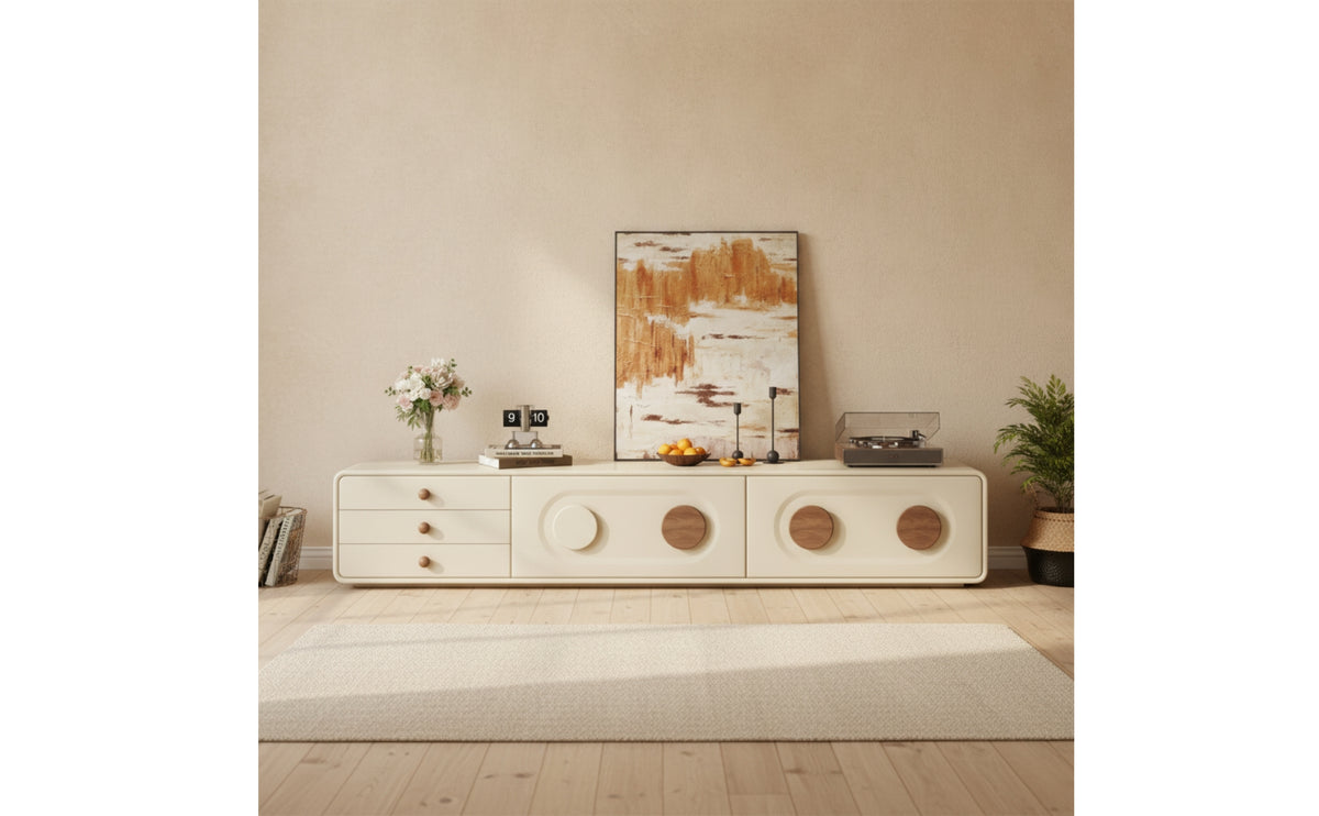 TV Cabinet with Drawers Low-Profile TV Stand Rounded-Edge Media Console for Living Room