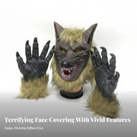 Scary Design Werewolf Mask and Gloves Full Face Coverage Werewolf Dress-up Kit Realistic Features Costume Accessory Furry Accents for Cosplayers, Party-and Goers, Adults, Halloween, Stage Performances, Haunted Houses, Themed Parties