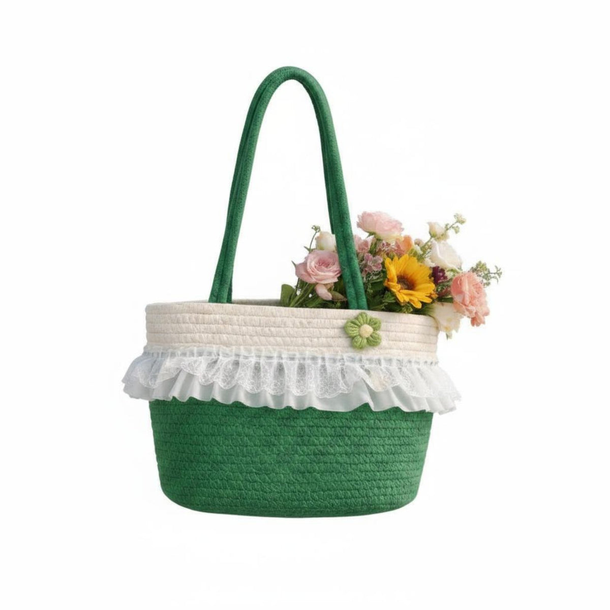Two-Tone Color Woven Tote Bag with Lace Flower Applique Summer Beach Bag Large Capacity for Shopping