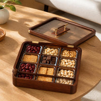 Walnut Wood 9-Compartment Snack and Candy Box with Lid, New Chinese Style Dried Fruit and Nut Organizer